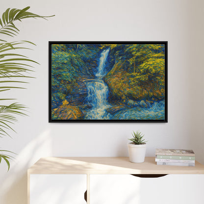 Framed matte canvas print featuring an impressionist waterfall wall art by Printify, showcasing vibrant water and nature scene.
