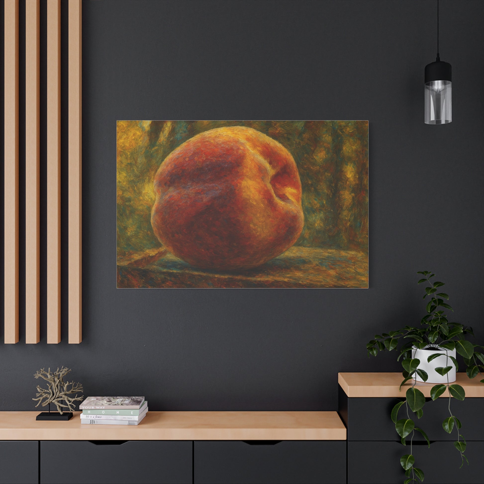 Peach still life matte canvas print by Printify, stretched 1.25-inch wall art featuring a vibrant peach fruit design.