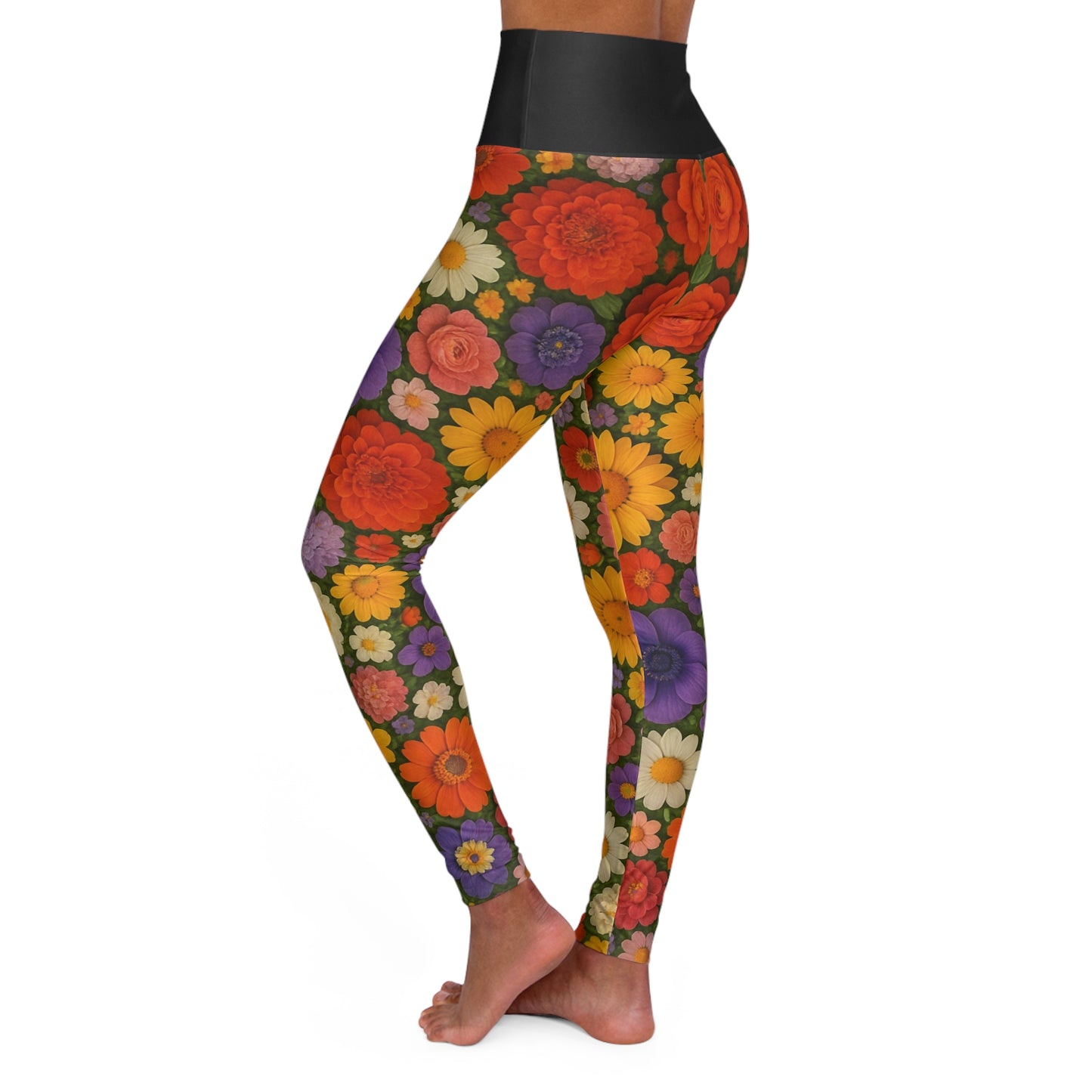 Retro Floral Pattern High Waisted Leggings | Vintage Flower Yoga Leggings