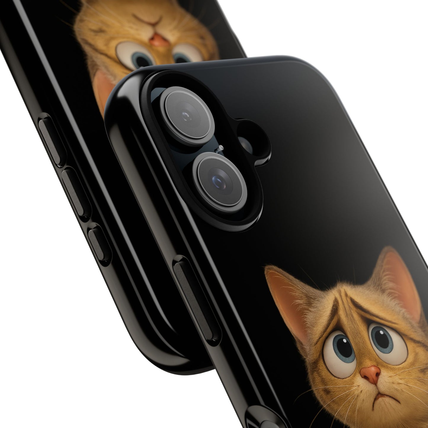 Cute cat phone case featuring a sad kitty design, protective iPhone case by Printify with colorful, whimsical artwork.