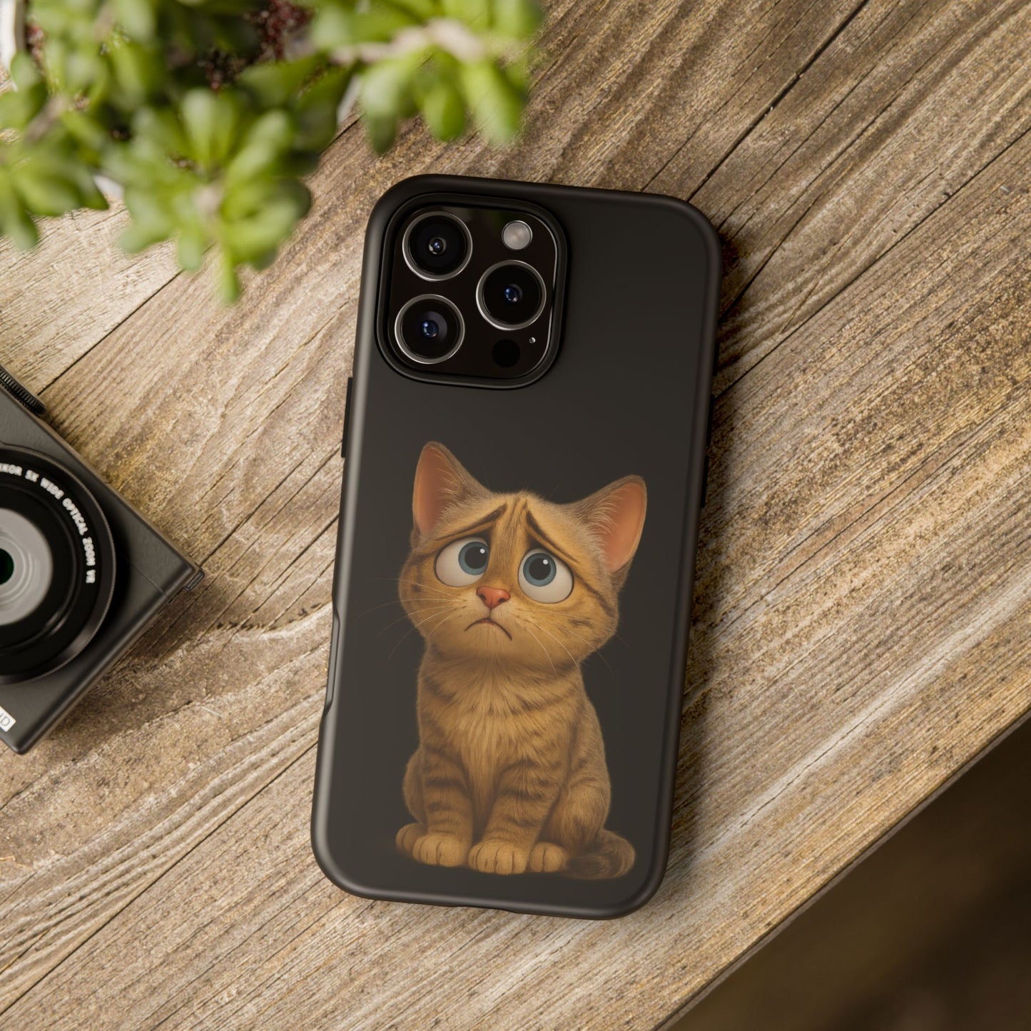 Cute sad kitty design phone case for iPhone by Printify, featuring a protective cover with a sad kitten illustration.
