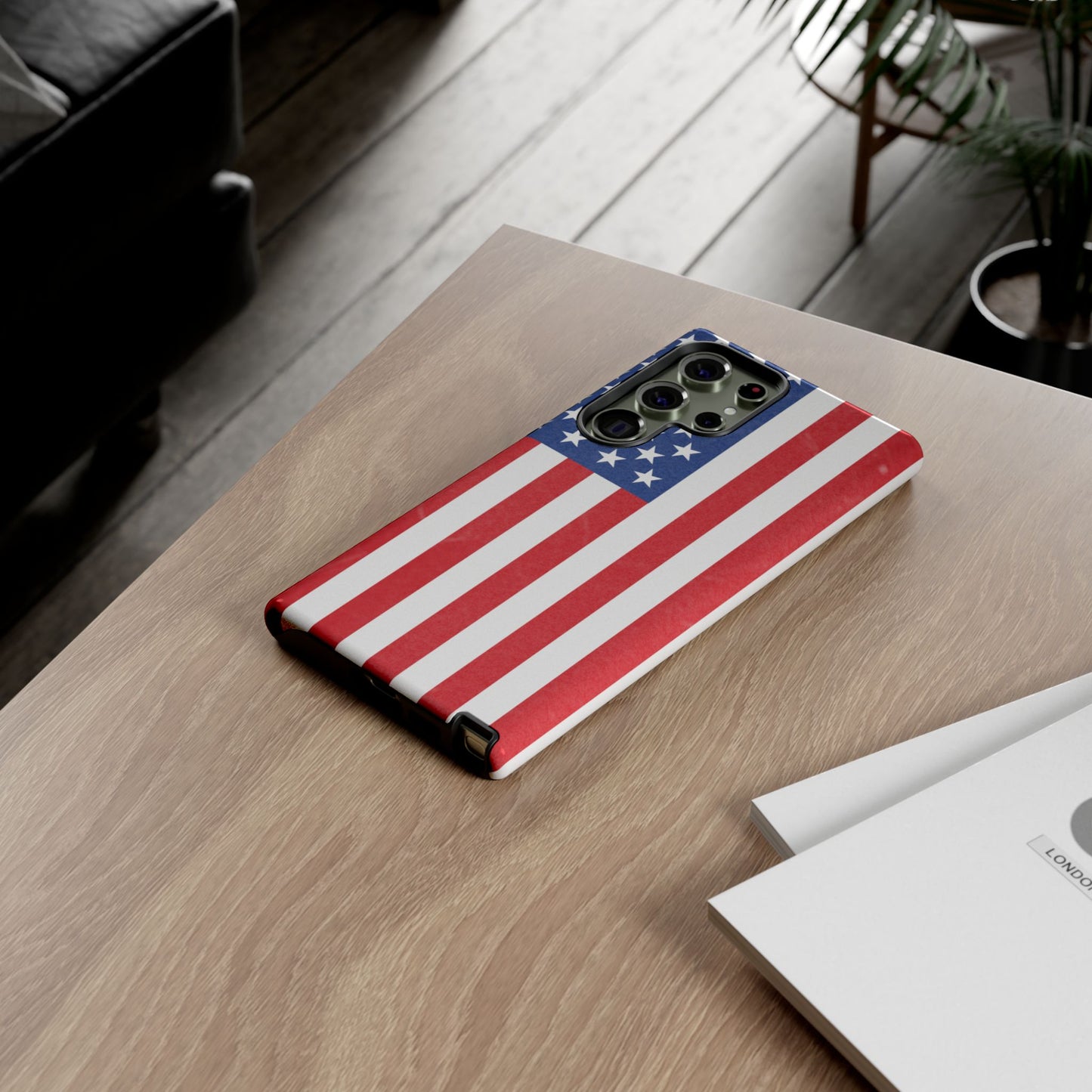 American flag tough phone case for iPhone and Samsung, patriotic protective cover with durable design by Printify.