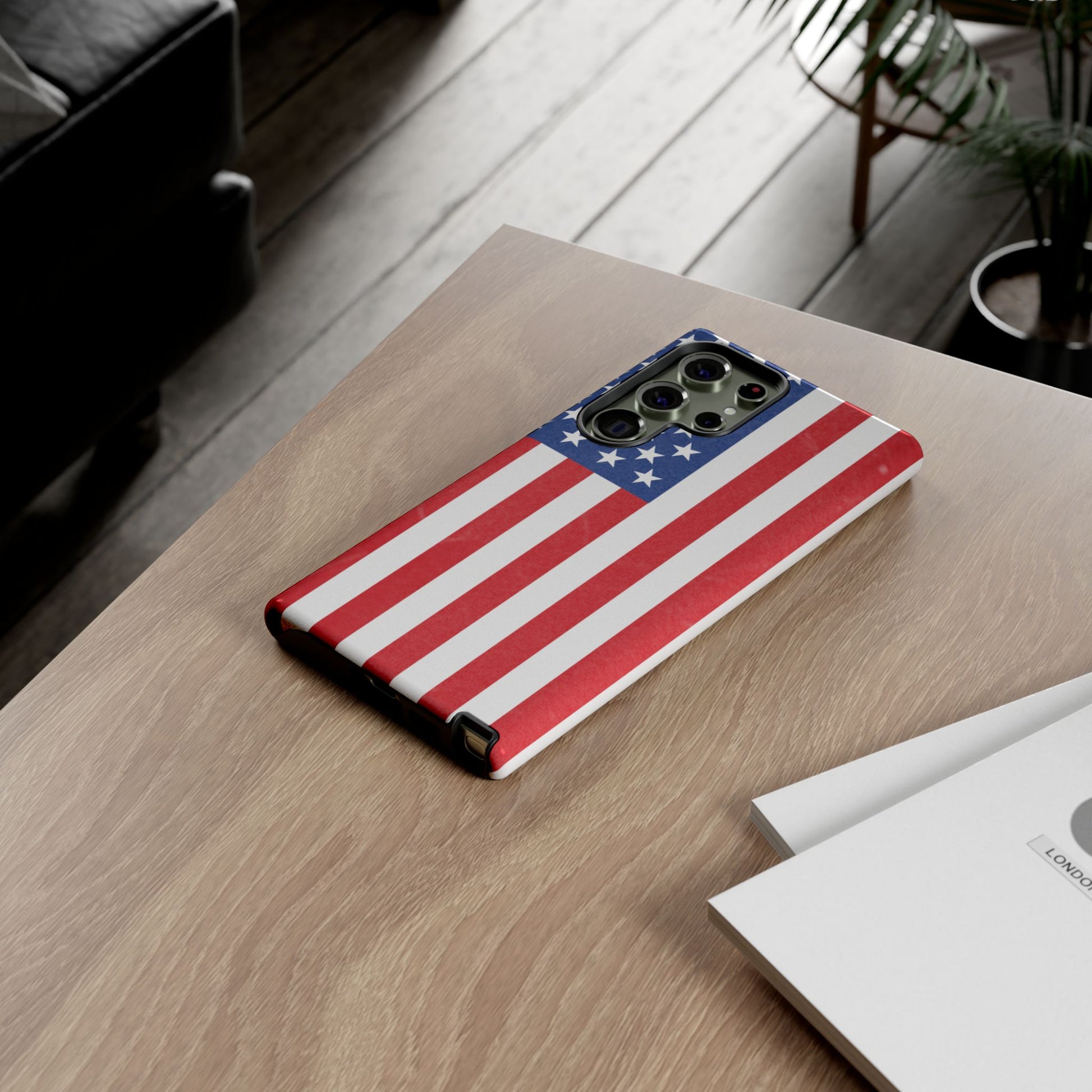 American flag tough phone case for iPhone and Samsung, patriotic protective cover with durable design by Printify.