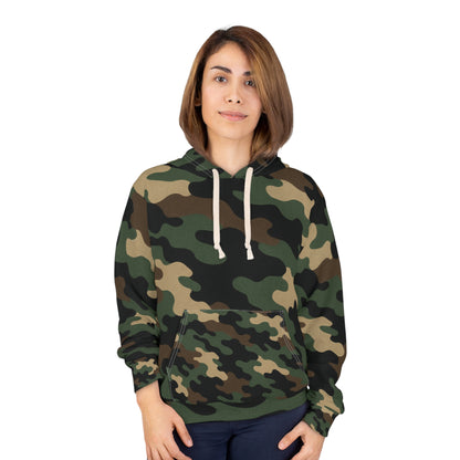 Green woodland camo print hoodie by Printify featuring all-over camouflage design and pullover style.