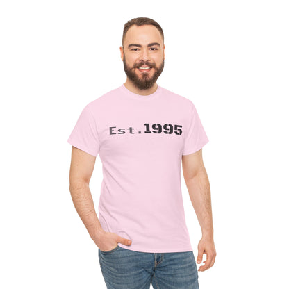 Vintage Est. 1995 T-shirt by Printify featuring minimalist design and birthday theme, displayed on a neutral background.