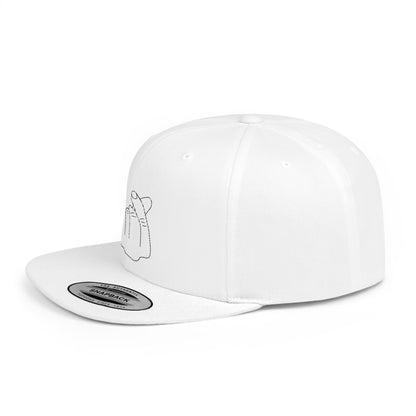 Printify minimalist hand gesture flat bill snapback hat, black and white design, casual accessory for streetwear or everyday style.