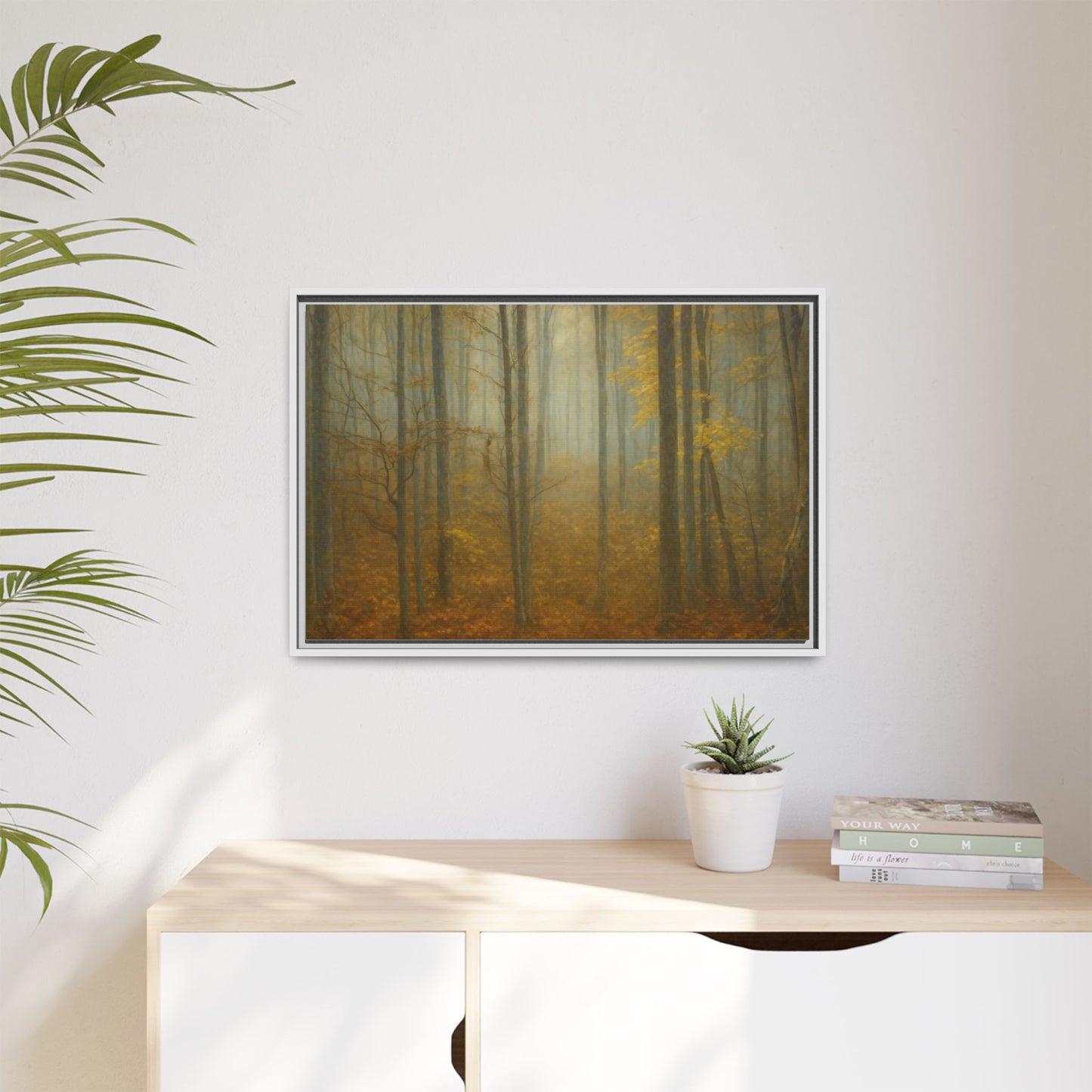 Framed matte canvas wall art of a misty autumn forest scene, featuring vibrant fall colors and detailed trees.