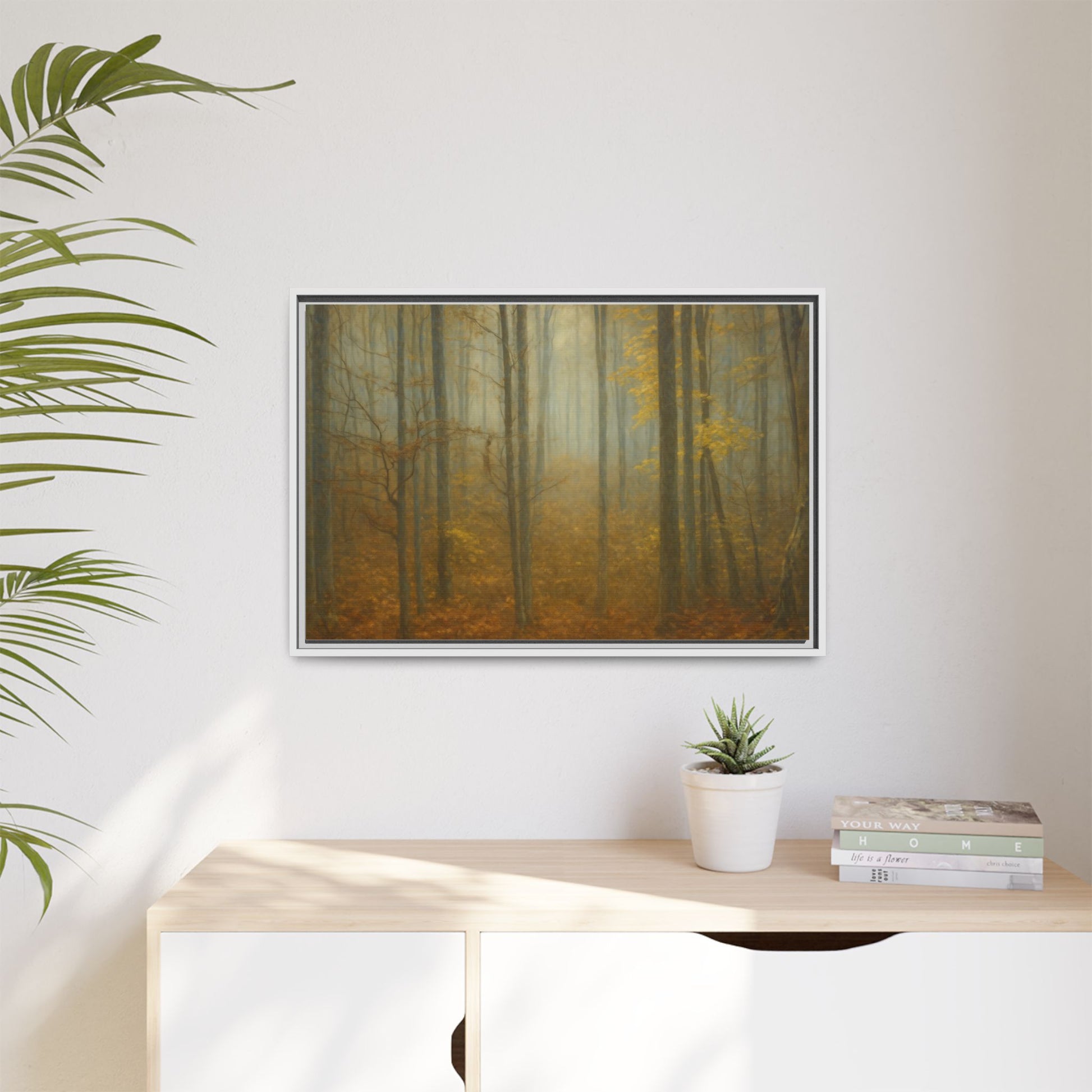 Framed matte canvas wall art of a misty autumn forest scene, featuring vibrant fall colors and detailed trees.