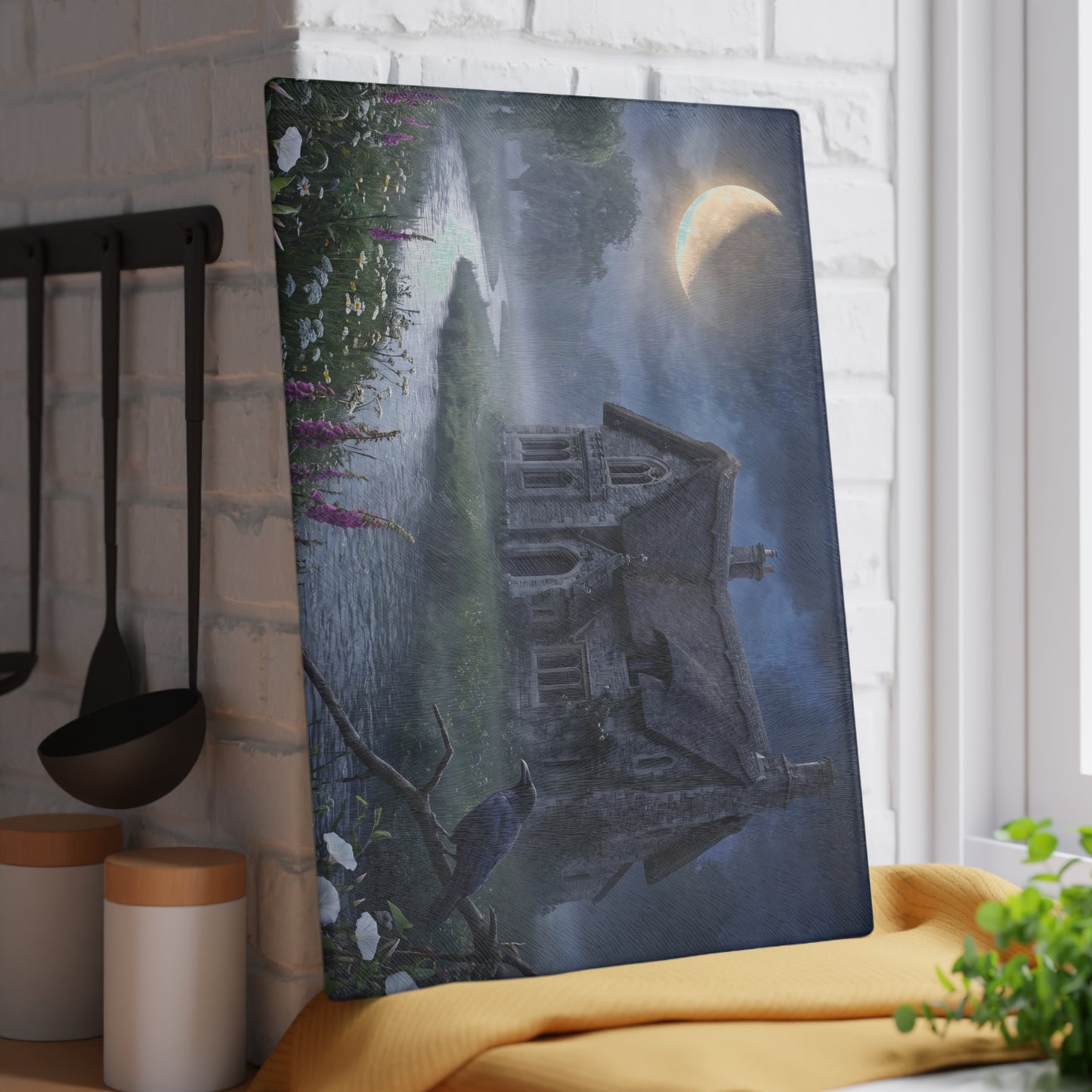 Moonlit Cottage river scene Glass Cutting Board | mystical night landscape