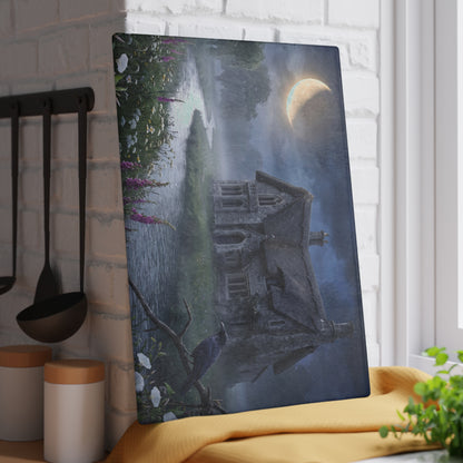 Moonlit Cottage river scene Glass Cutting Board | mystical night landscape