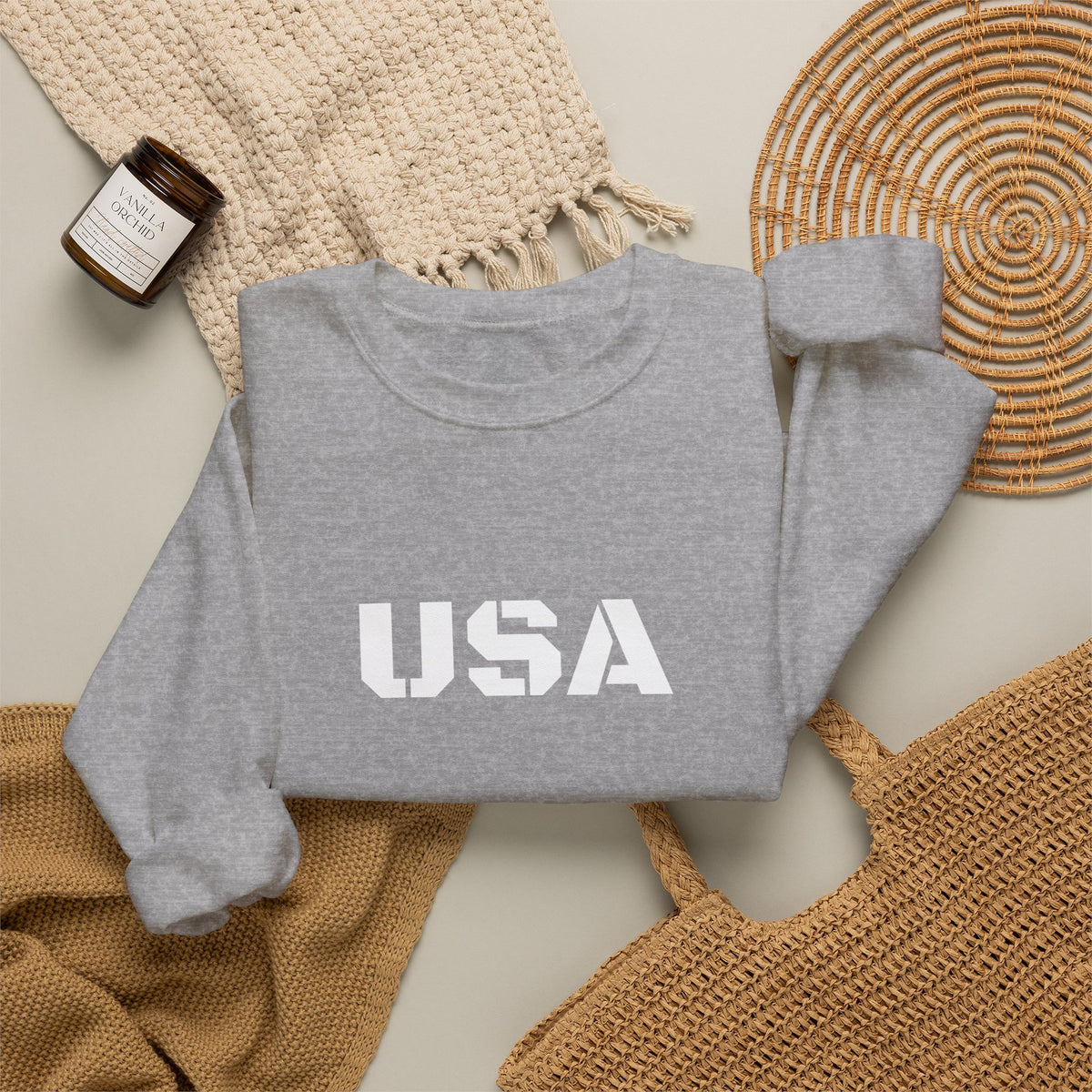 Printify USA crewneck sweatshirt featuring patriotic design, perfect for casual wear and seasonal comfort.
