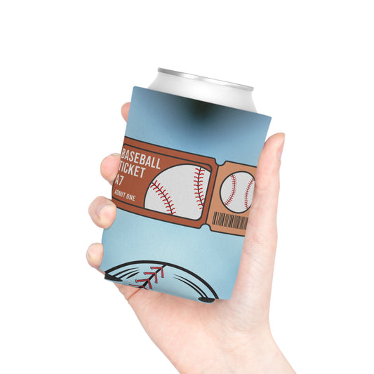 Printify baseball ticket can cooler, a game day beer koozie with a printed ticket design, keeps drinks cold during sports events.