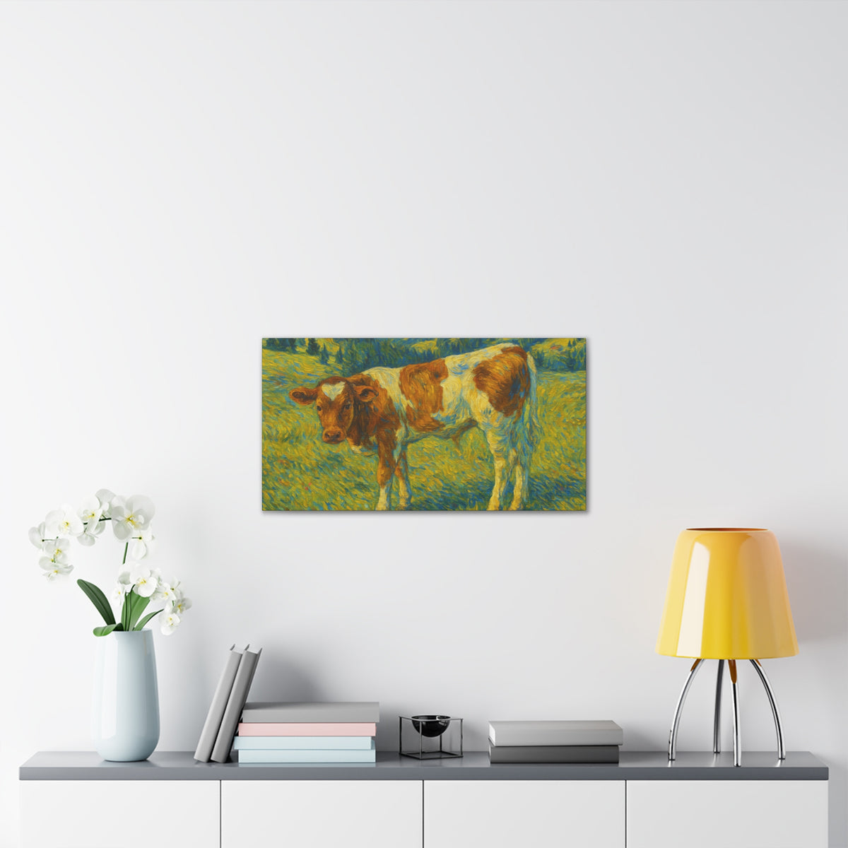 Rustic cow in meadow canvas print featuring a peaceful farm scene, ideal for farmhouse wall decor by Printify.