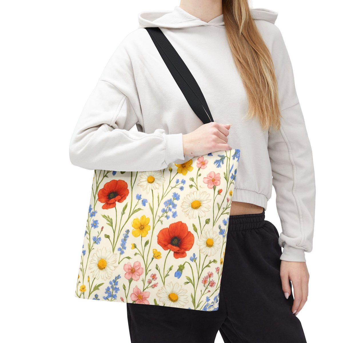 Wildflower Poppy Print Tote Bag by Printify featuring a vibrant floral all-over poppy pattern and durable bag design.