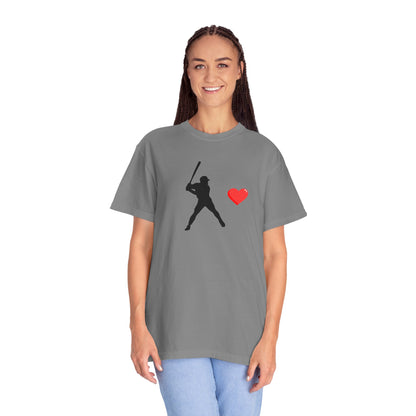 Printify baseball batter heart T-shirt showing a graphic of a batter with a heart design on the front.