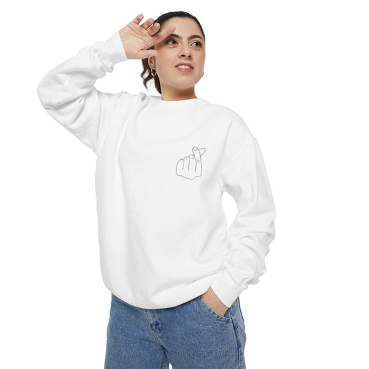 Minimalist peace hand sweatshirt with small chest line art, crewneck style by Printify, shown in a front view.