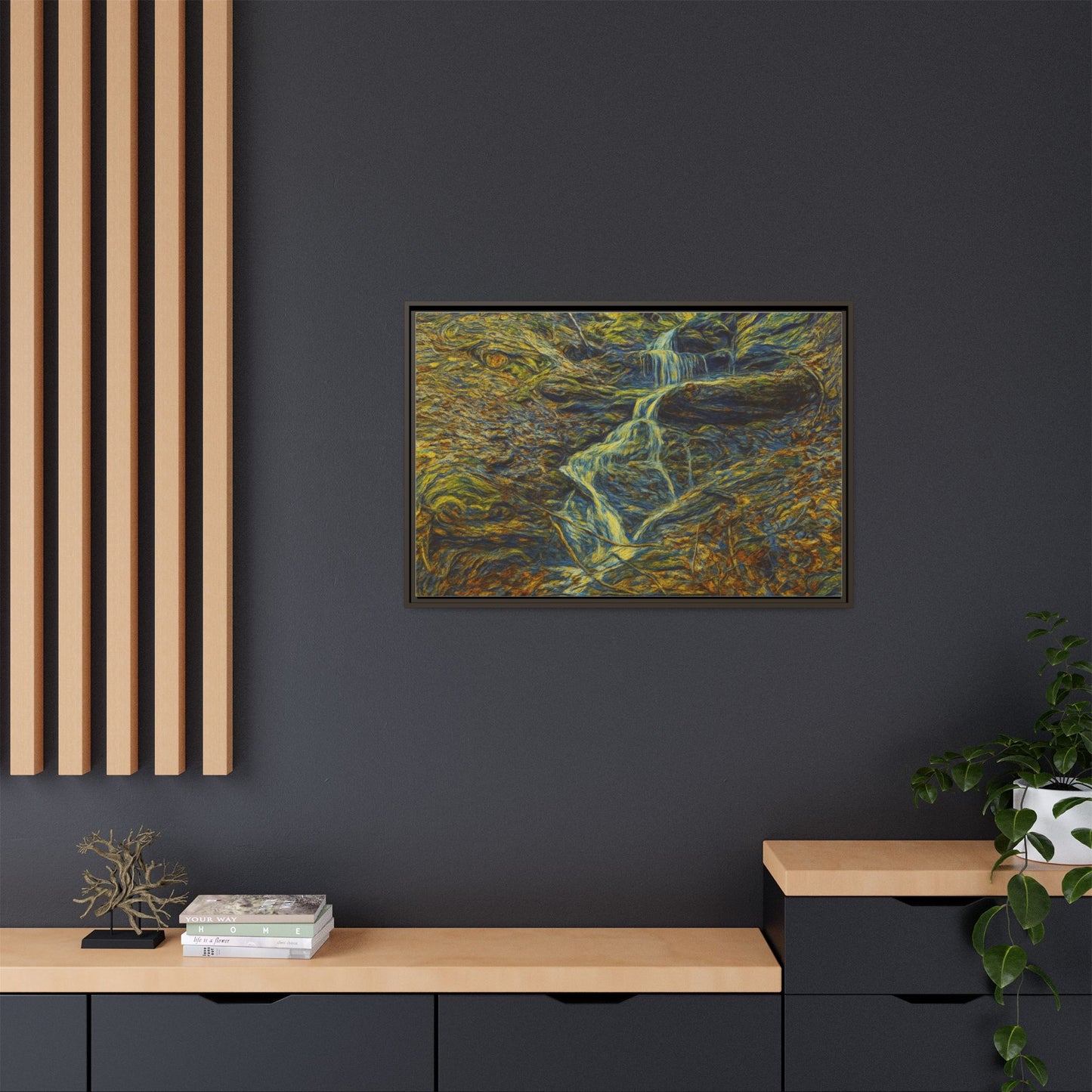 Framed matte canvas wall art of an autumn forest with a waterfall, showcasing vibrant fall colors and natural scenery.