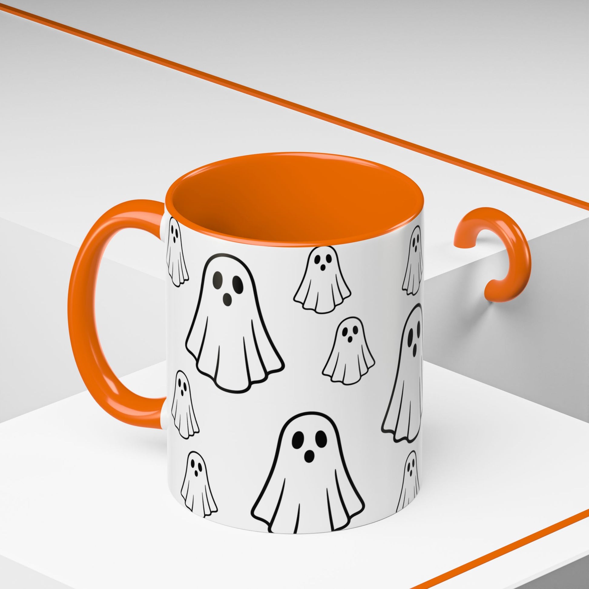 Printify ghost pattern ceramic coffee mug with Halloween-themed design, available in 11oz and 15oz sizes.