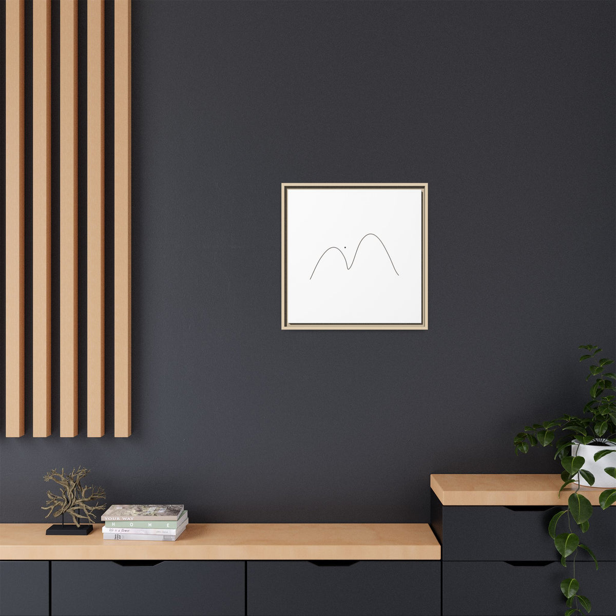 Minimalist mountain line art on framed matte canvas, modern nature-inspired wall decor by Printify