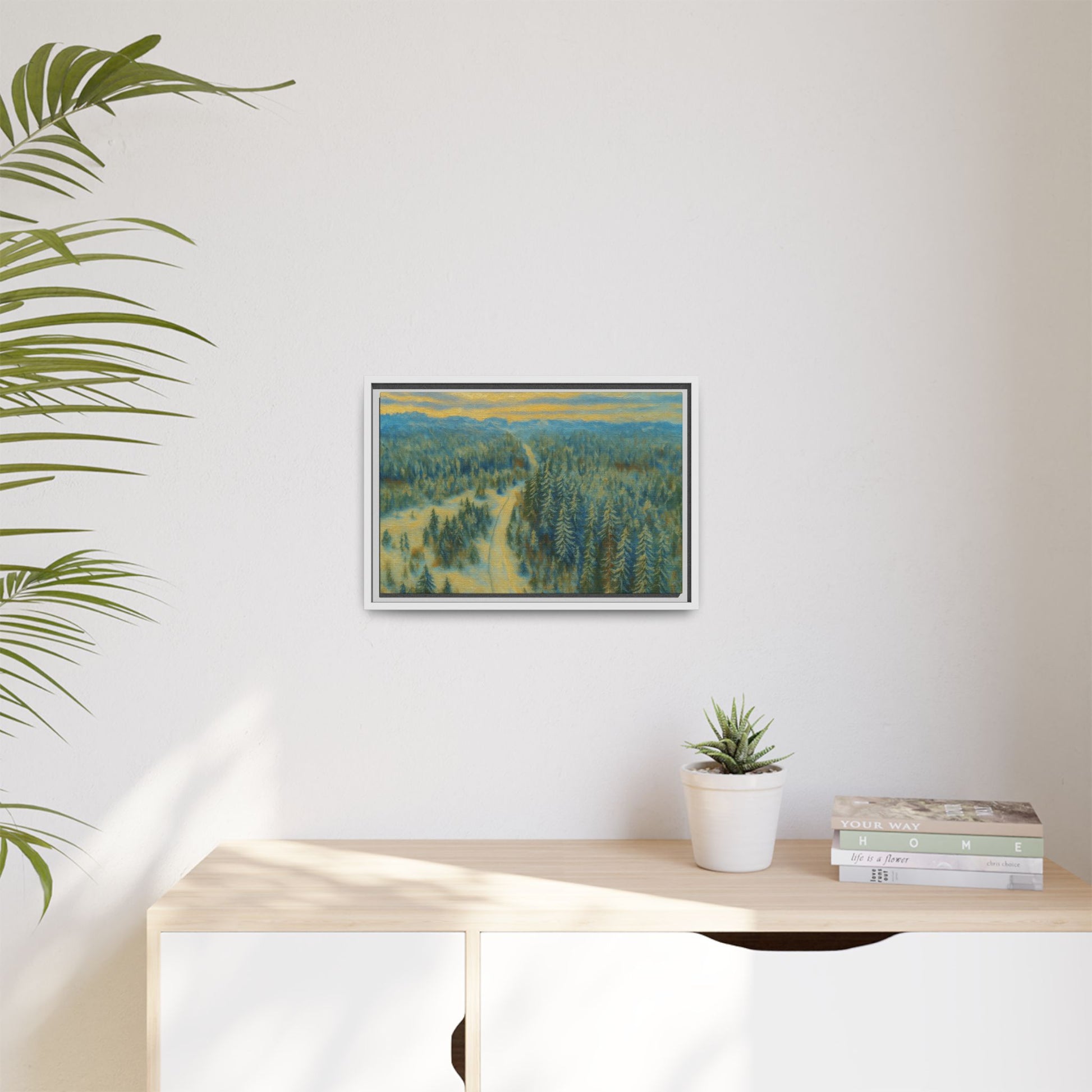 Framed matte canvas print of a serene winter forest landscape by Printify, showcasing snow-covered trees and peaceful nature scene.
