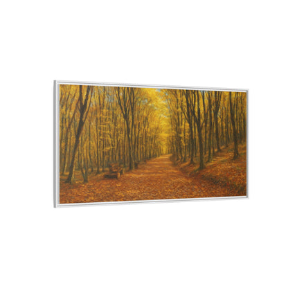 Autumn forest path matte canvas framed wall art by Printify showcasing a scenic woodland trail in vibrant fall colors.
