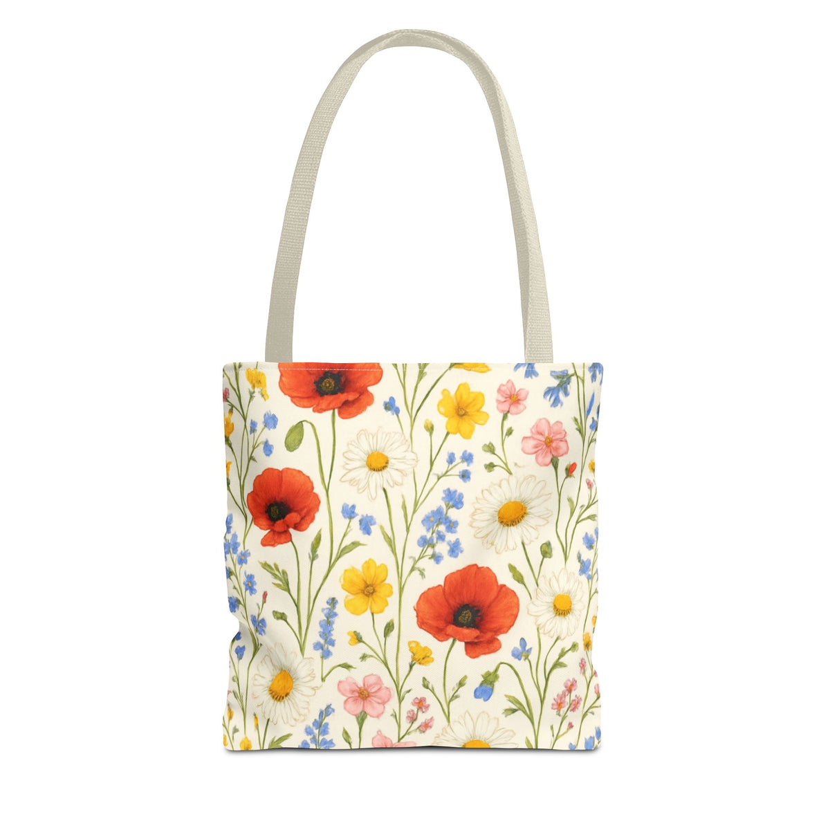 Wildflower Poppy print tote bag by Printify featuring a vibrant floral all-over pattern on durable fabric.