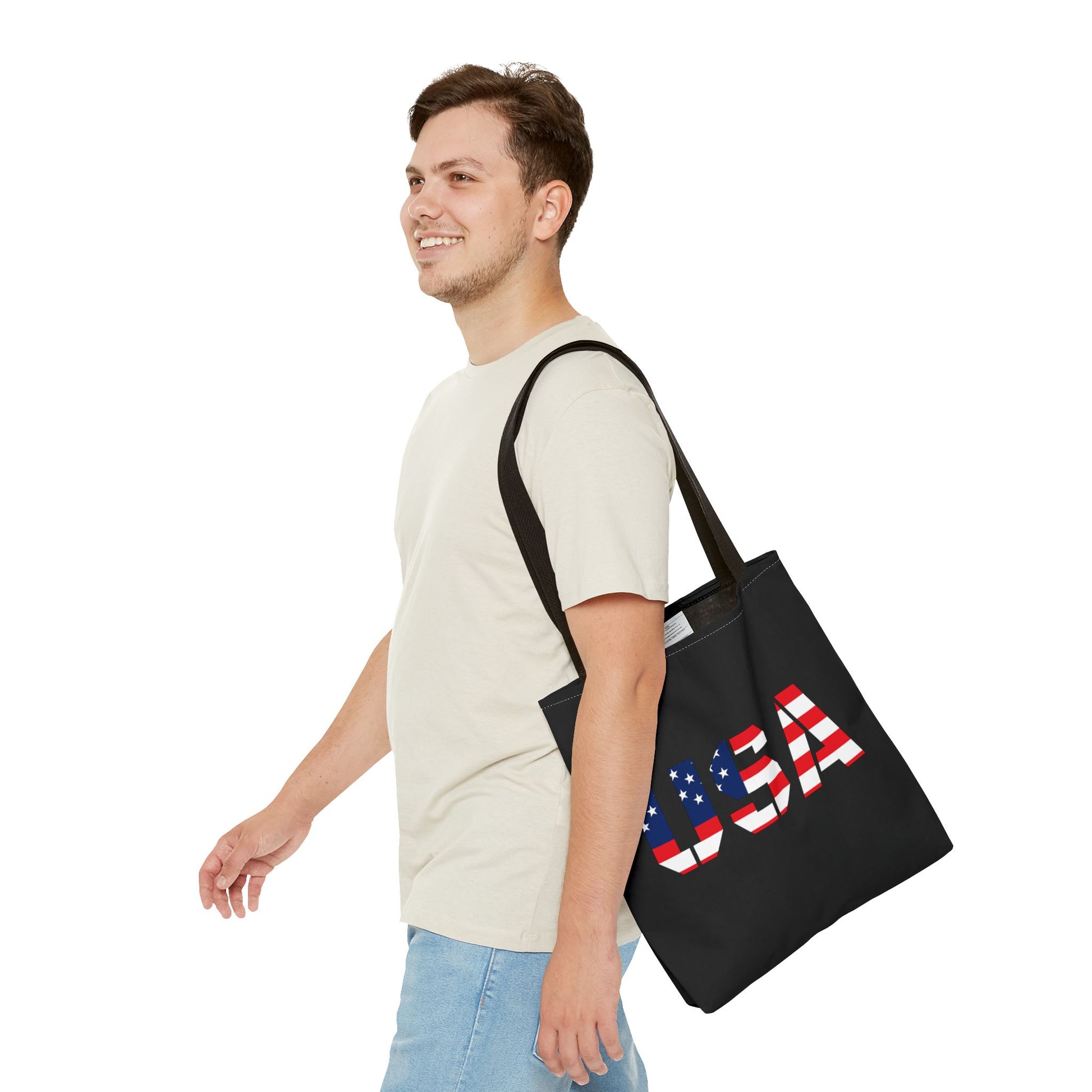 Reusable patriotic USA flag tote bag by Printify, summer carryall with 4th of July flag design, ideal for outdoor events.