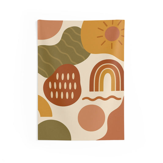 Boho abstract rainbow tapestry featuring retro sun and earthy shapes, wall hanging decor by Printify.