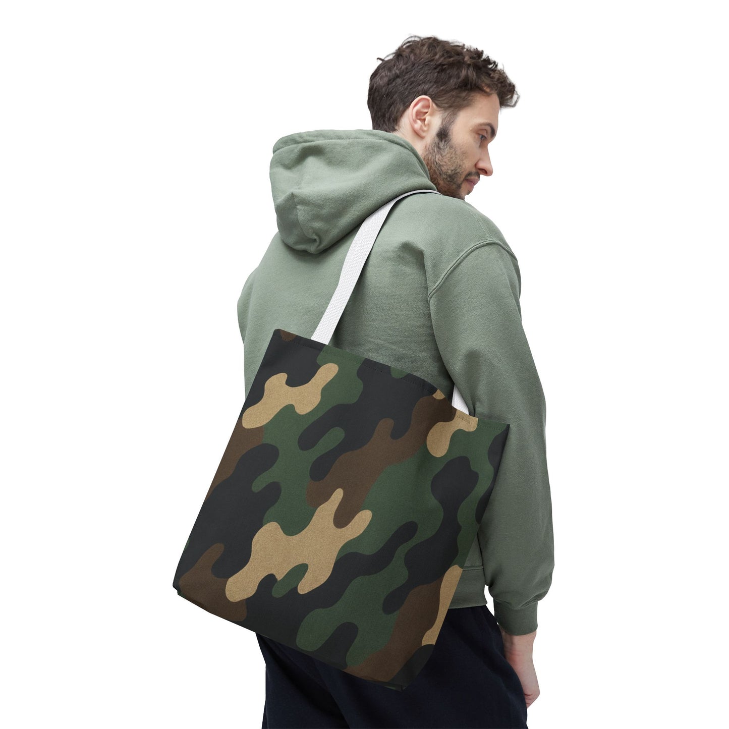 Camo pattern tote bag by Printify featuring an all-over printed canvas design, spacious carryall for everyday use.