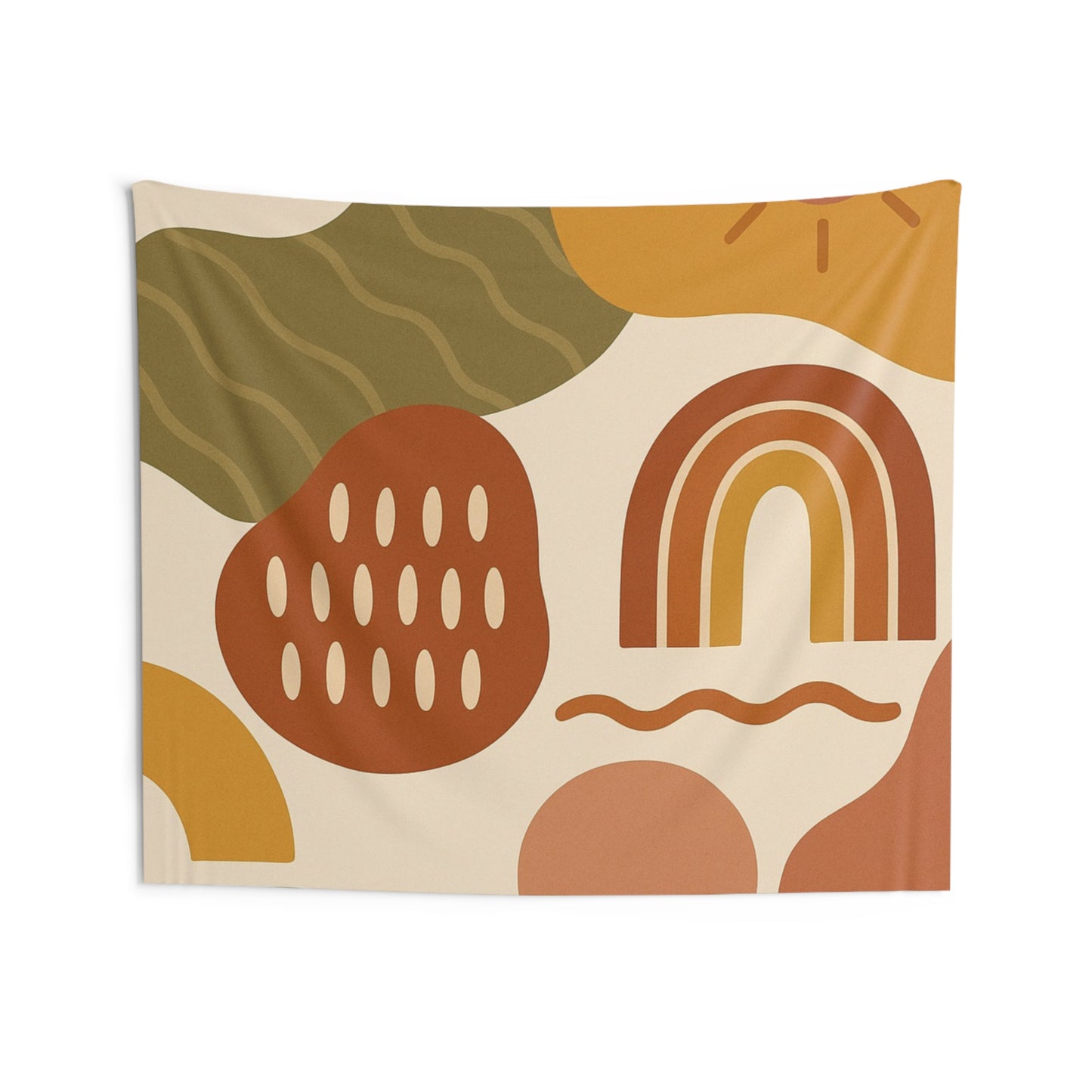 Boho Abstract Rainbow Tapestry — Retro Sun & Earthy Shapes Wall Hanging