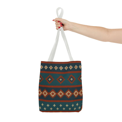 Southwestern diamond pattern tote bag with Aztec tribal geometric print, featuring sturdy handles and vibrant design.