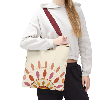 Boho floral mandala tote bag with pastel sunburst pattern, featuring vibrant, colorful floral and mandala designs on a durable bag.