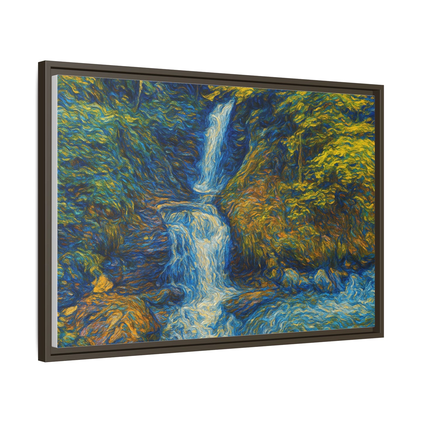 Framed matte canvas print of impressionist waterfall wall art by Printify, showcasing vibrant colors and textured brushstrokes.