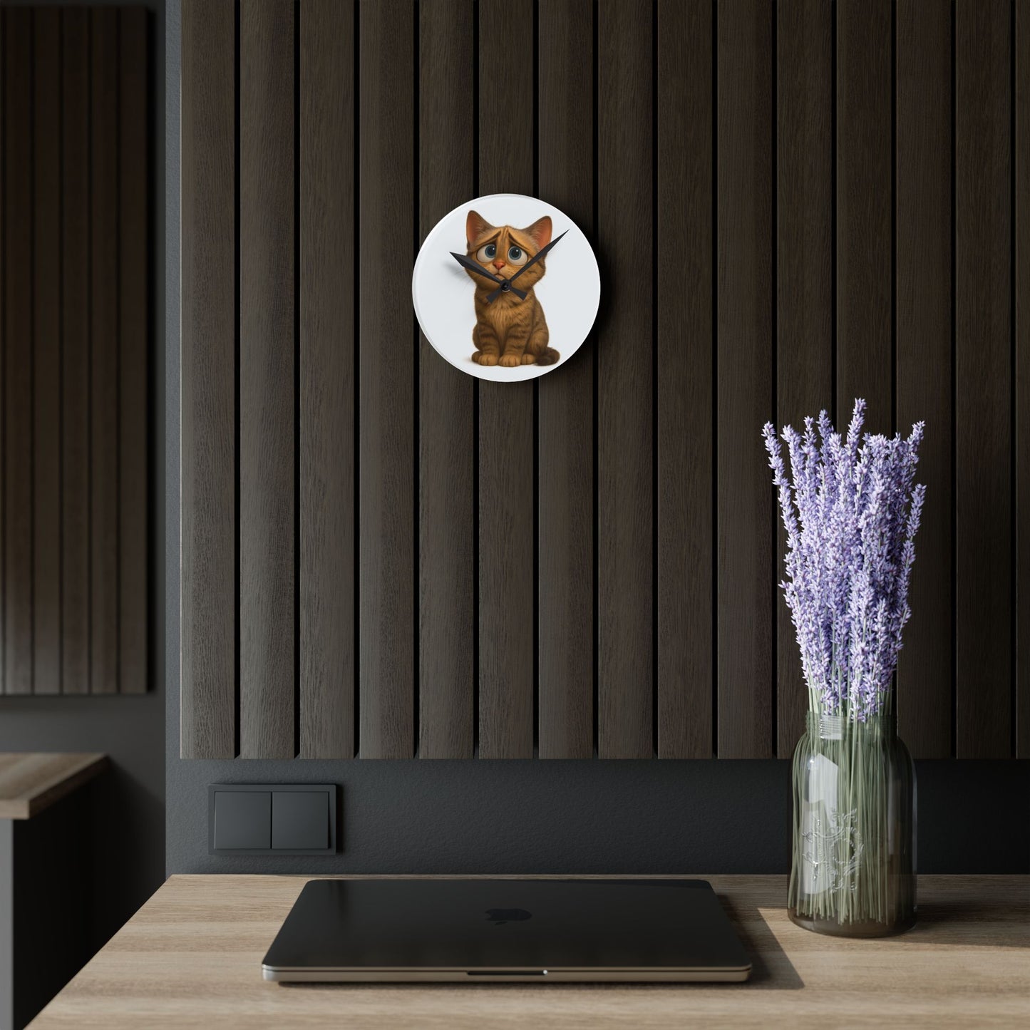 Sad Cartoon Kitten Acrylic Wall Clock – Cute Nursery Cat Decor