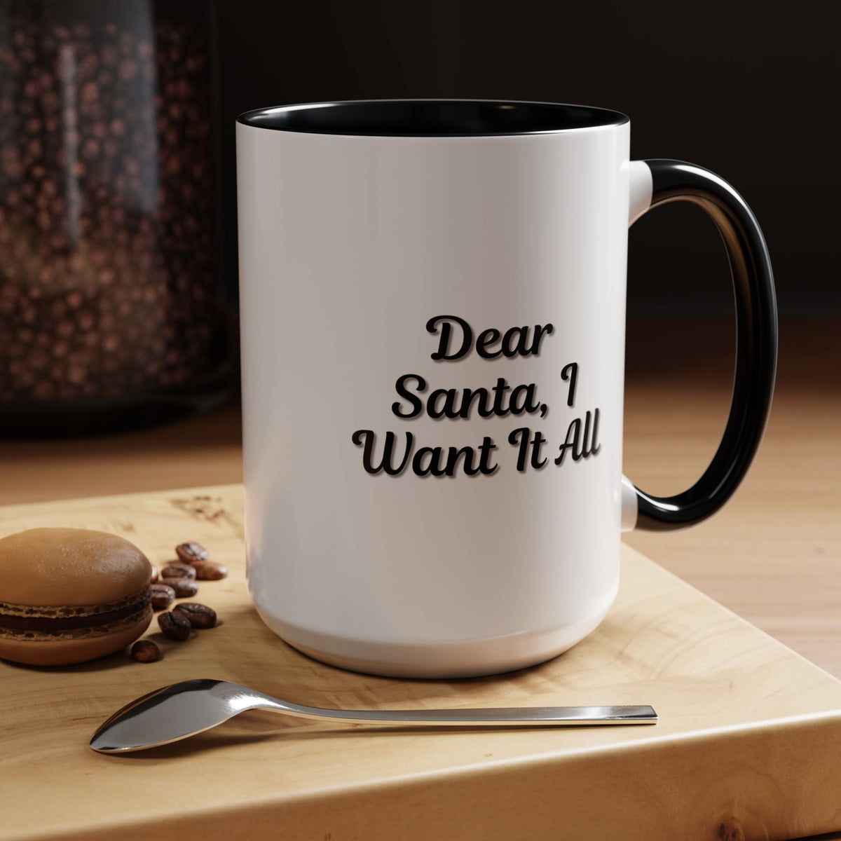 Printify Dear Santa I Want It All Christmas coffee mug with holiday-themed design and festive red and white colors.