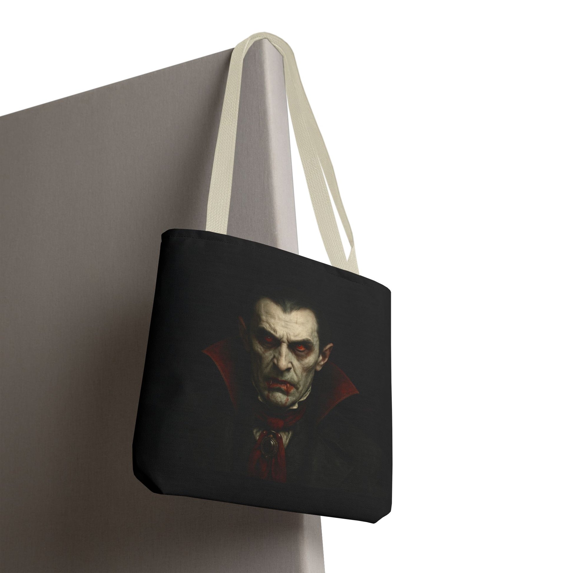 Black vampire tote bag with gothic Halloween design, printed by Printify, featuring spooky vampire artwork on durable fabric.