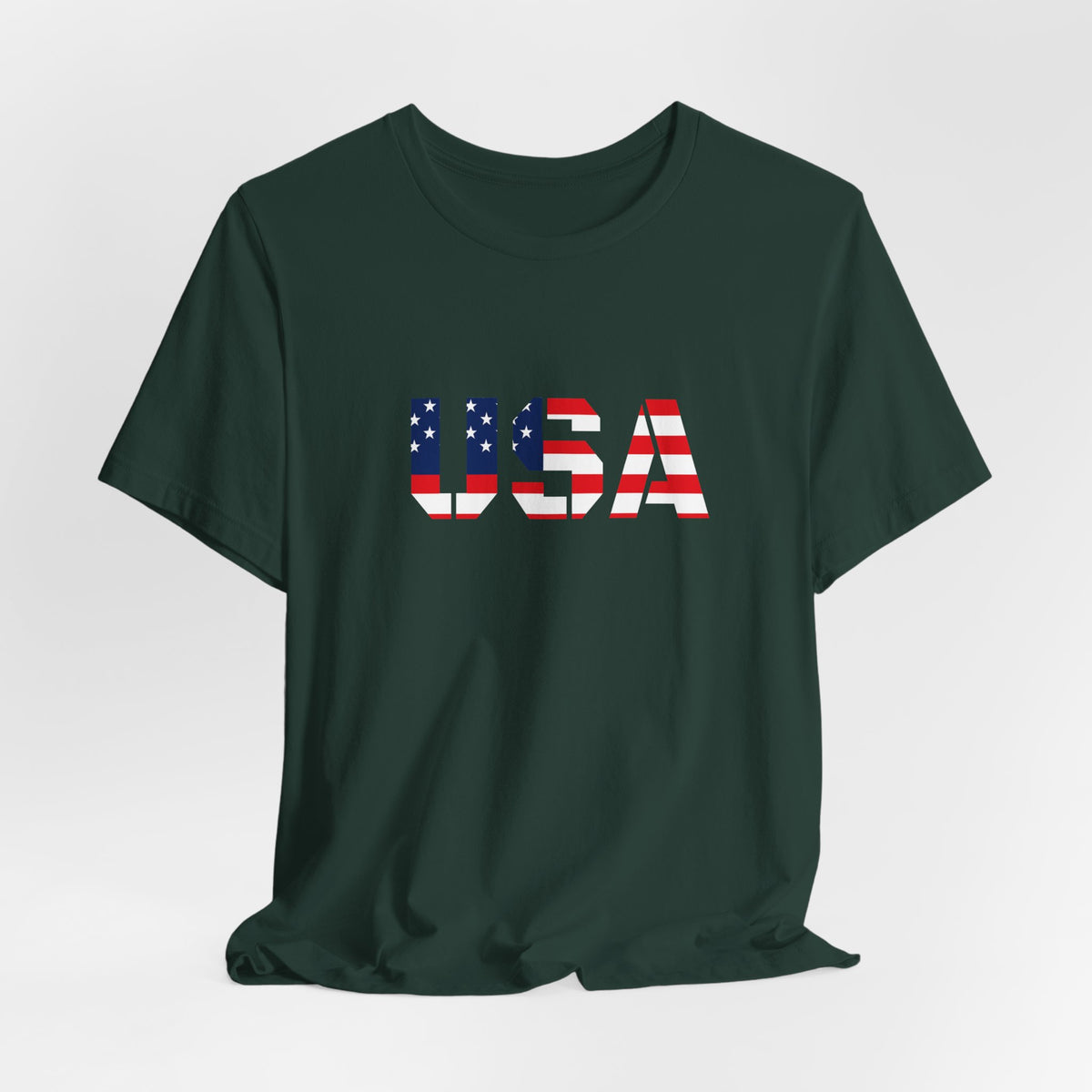 USA flag patriotic T-shirt from Printify featuring bold red, white, and blue colors for Fourth of July celebrations.