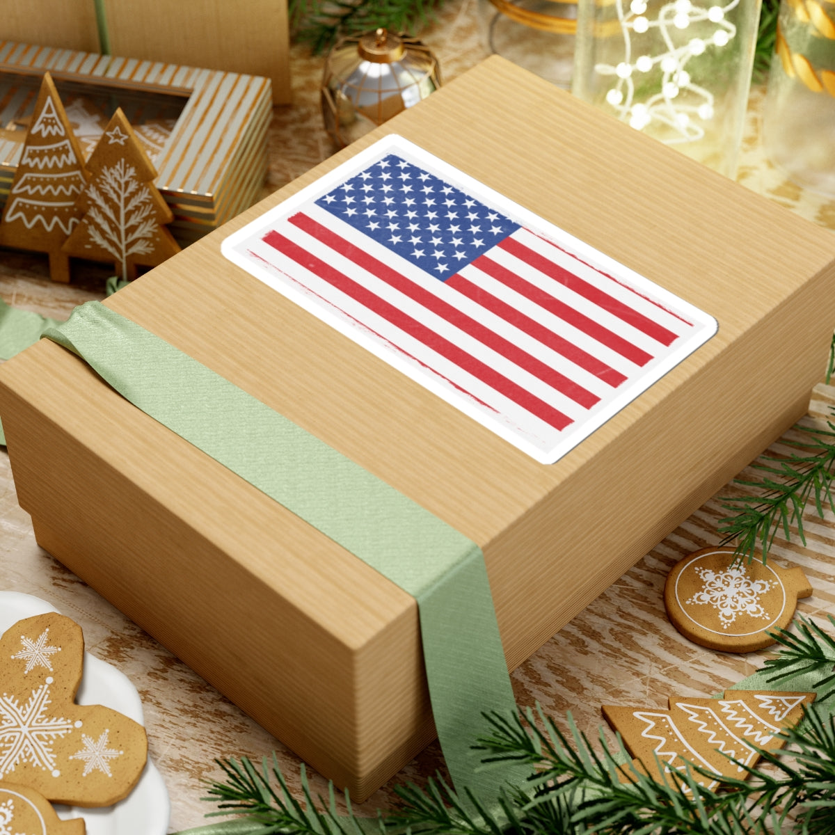 USA flag kiss-cut sticker on paper, patriotic decal featuring stars and stripes, ideal for Independence Day celebrations.