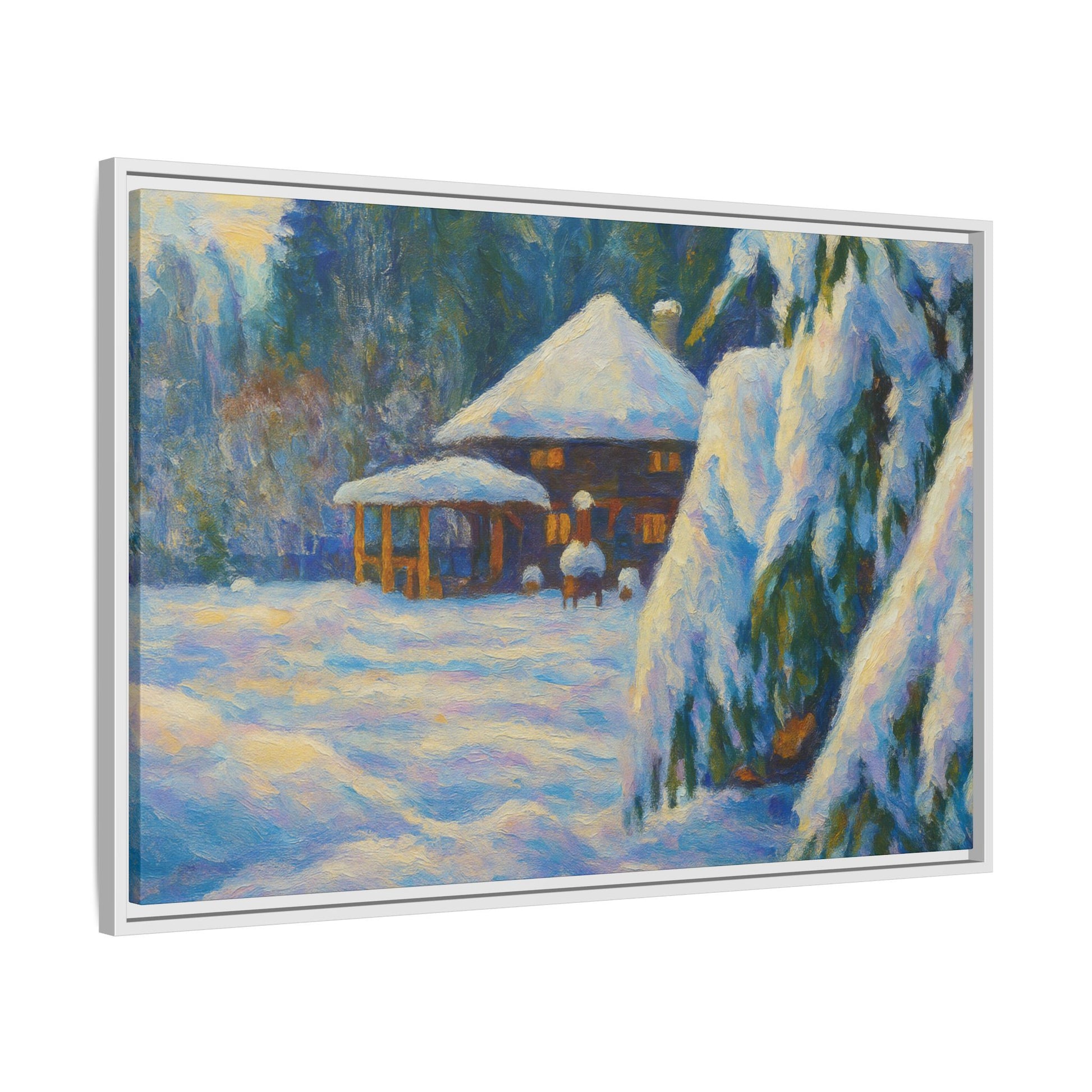 Framed matte canvas of a snowy cabin winter landscape wall art by Printify, showcasing a cozy cabin amidst snow-covered trees.