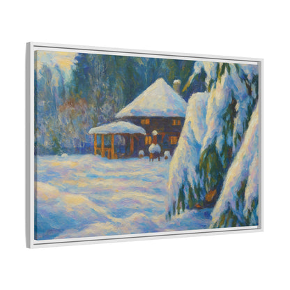 Framed matte canvas of a snowy cabin winter landscape wall art by Printify, showcasing a cozy cabin amidst snow-covered trees.