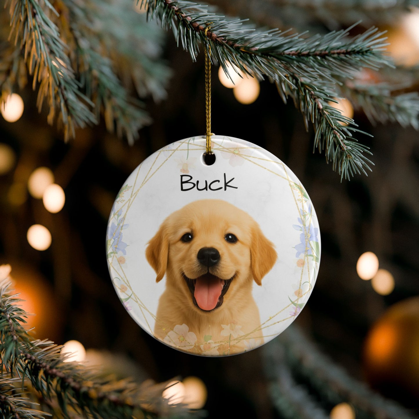 Golden Retriever Puppy Ornament, Ceramic Pet Photo Ornament | Personalized Name Option - TRV