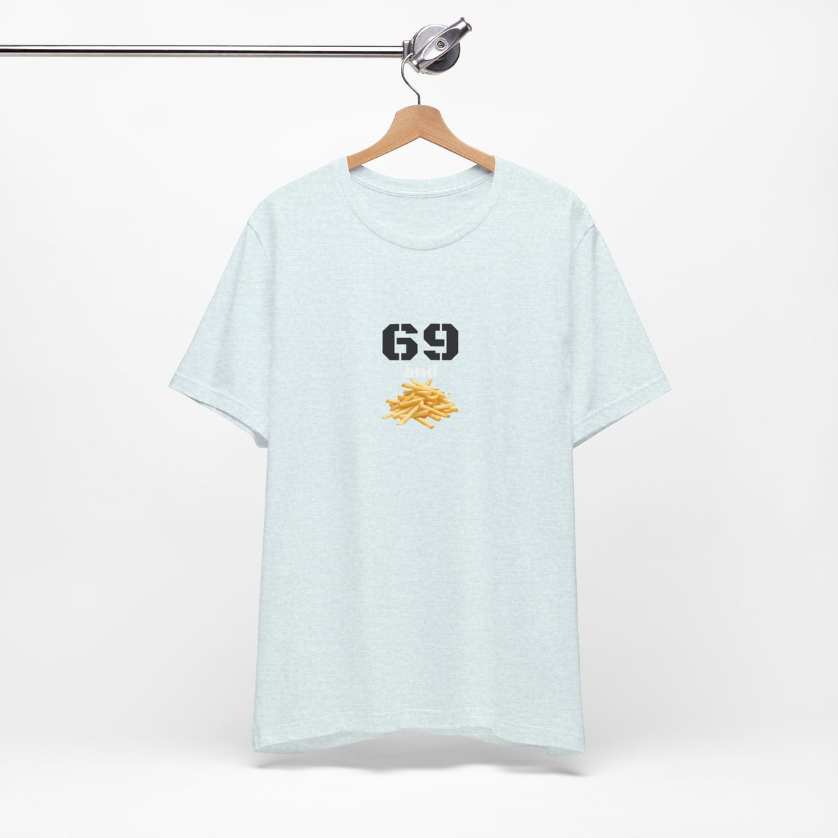 Unisex graphic T-shirt featuring a humorous 69 and French fries design in black, casual style, by Printify.