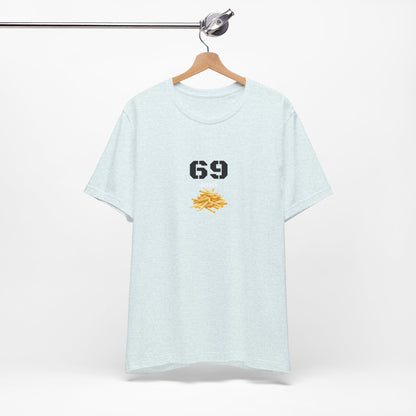 Unisex graphic T-shirt featuring a humorous 69 and French fries design in black, casual style, by Printify.