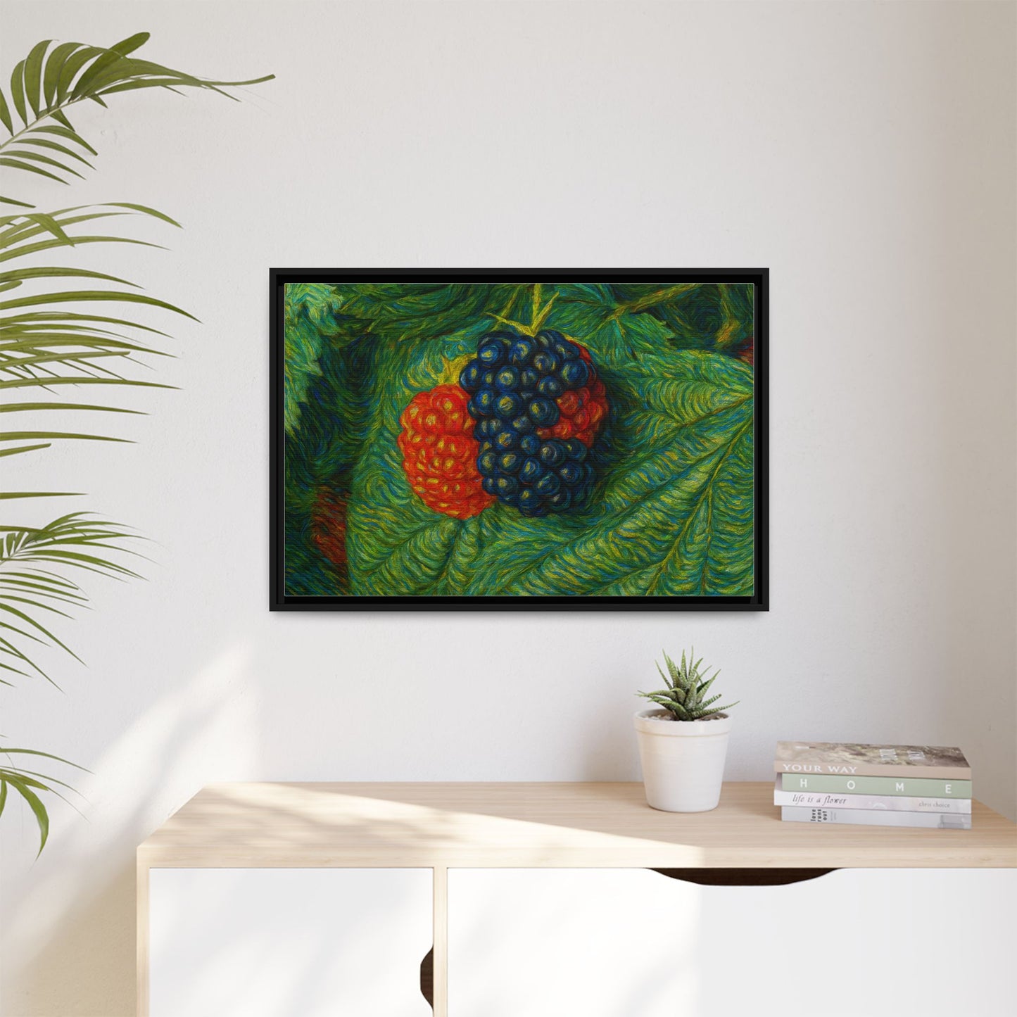 Blackberry still life framed canvas print by Printify showcasing vibrant blackberries on a decorative canvas artwork.