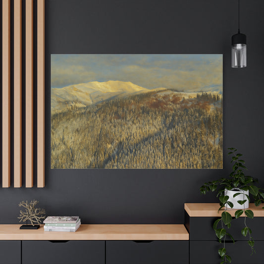 Winter mountain landscape matte canvas print by Printify, stretched 1.25 inches, featuring snowy peaks and scenic mountain views.
