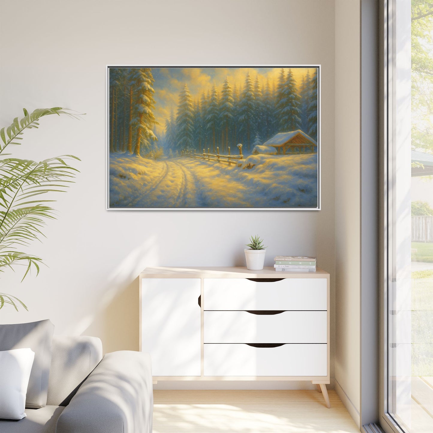 Framed winter cabin canvas print featuring a snowy forest sunset, wall art by Printify showing a cozy winter scene.