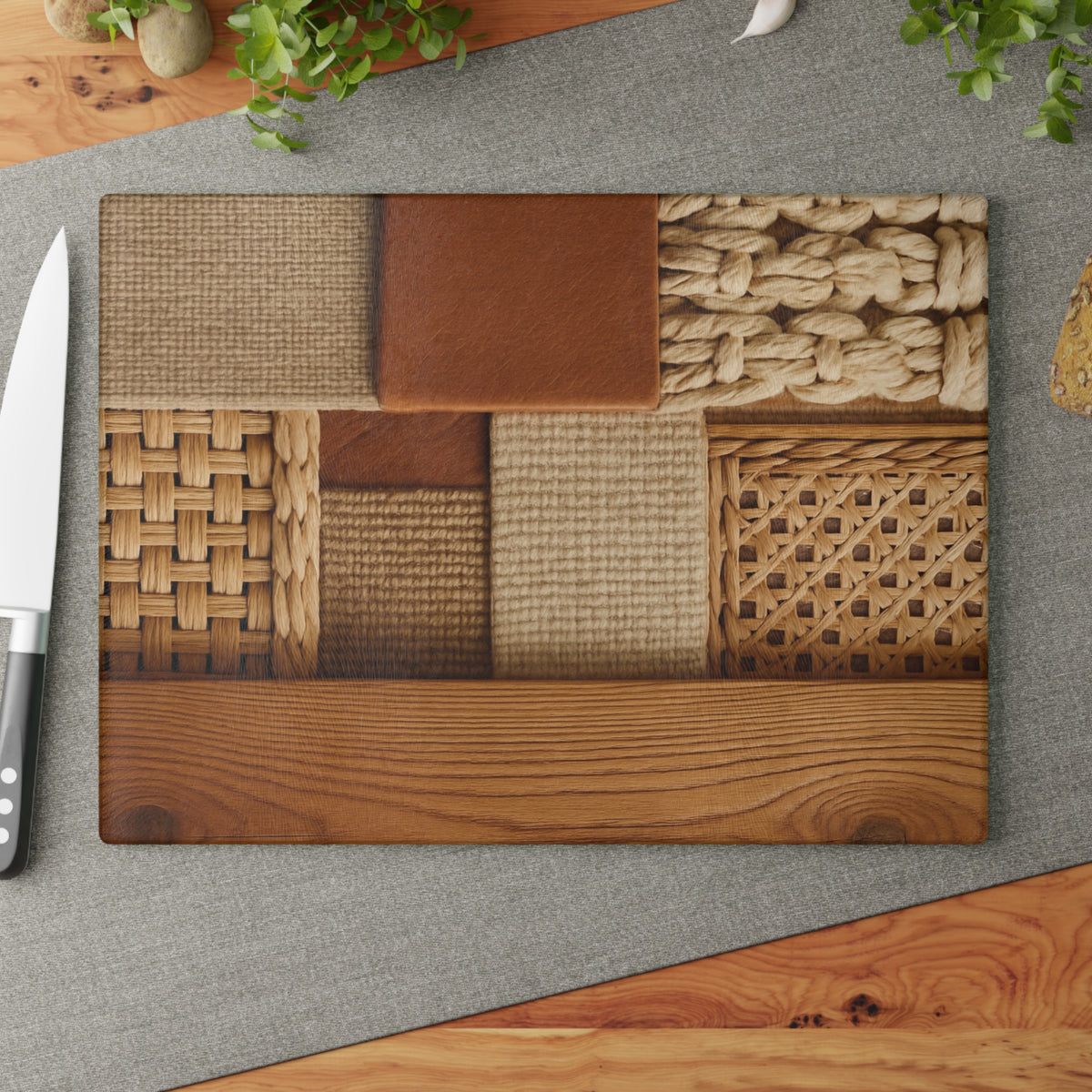 Woven Texture Glass Cutting Board – Rustic Boho Kitchen Decor