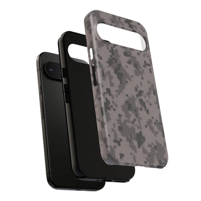 Gray digital camouflage phone case by Printify, tough protective cover for smartphones with a rugged camouflage design.