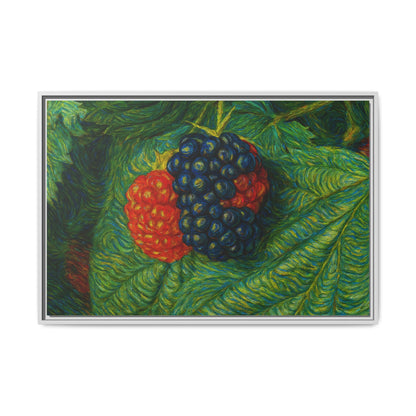 Blackberry still life framed canvas print by Printify featuring a vibrant, detailed image of ripe blackberries on a wooden surface.
