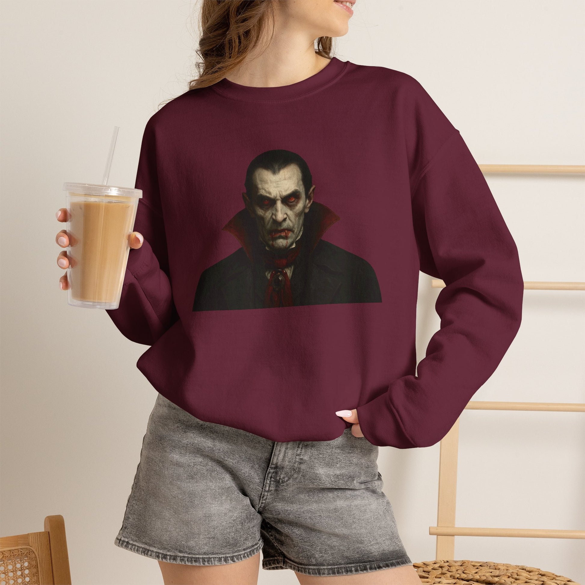 Black vampire portrait crewneck sweatshirt by Printify featuring a detailed vampire face graphic on the front.